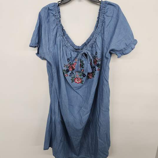 short sleeve blue chambray embroidered mini dress image number 1