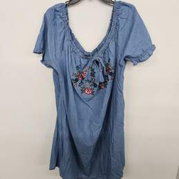 short sleeve blue chambray embroidered mini dress