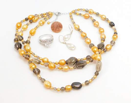 Artisan 925 Orange Faux Pearl & Smoky Beaded Multi Strand Necklace Teardrop Drop Earrings & Cubic Zirconia Ring 98.1g image number 5