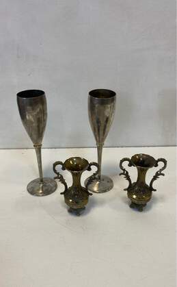 Lot of 4 Silver Wine Goblets and Brass Florentine Vases