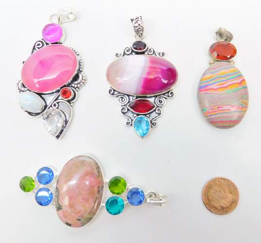 Artisan Silver Tone Rhodonite Agate Rainbow Calsilica Moonstone Colorful Glass Statement Pendants 76.3g image number 8