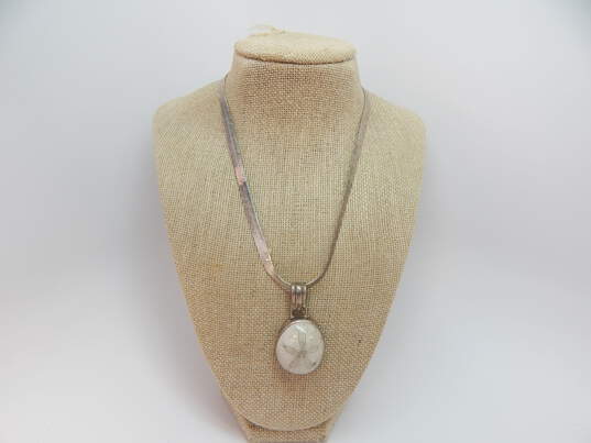 Artisan 925 Sand Dollar Fossil Cabochon Chunky Pendant Wide Herringbone Chain Necklace 31.9g image number 1