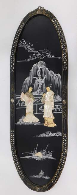 Vintage Asian Mother of Pearl Inlay Black Lacquer Wood Panel