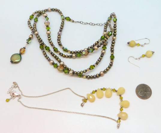 Artisan 925 Green Coin & Crystal Pearl Beaded Double Strand & Yellow Quartz Teardrops Chain Necklace & Matching Drop Earrings 48.7g image number 6