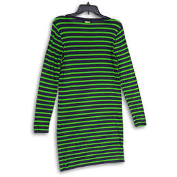 Womens Green Blue Striped Round Neck Long Sleeve Shift Dress Size XS alternative image