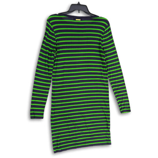 Womens Green Blue Striped Round Neck Long Sleeve Shift Dress Size XS image number 2