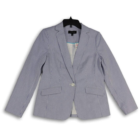 NWT Women's Blue White Striped Notch Lapel One-Button Blazer Size 4 image number 4