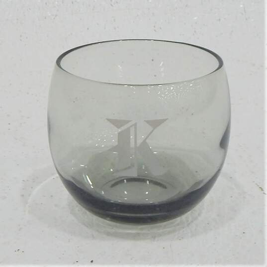 Vintage MCM Smoky Gray Glass Etched K Monogram Roly Poly Bar Glasses Set of 5 image number 5