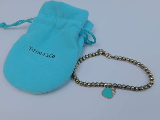 925 Tiffany & Co. Blue Enamel Heart Tag Ball Bead Bracelet W/ Pouch image number 1