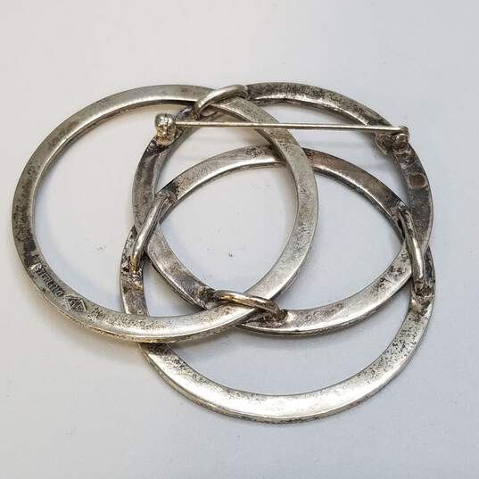 Sterling Silver Diamond Texture 3 Interlocking Rings Brooch 20.7g image number 4