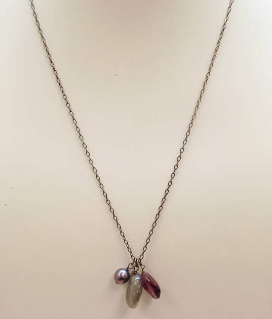 Rustic 925 Labradorite Dark Pearl & Purple Glass Tassel Pendant Necklace & Lapis Lazuli & Hammered Ball Bead Drop & Flat Hoop Earrings 17.1g image number 4