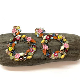 Designer J. Crew Gold-Tone Multicolor Floral Crystal Stone Hoop Earrings