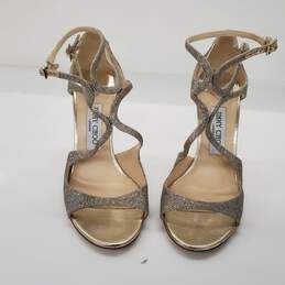 Jimmy Choo Women's Champagne Glitter Ankle Strap Heels Size 8 AUTHENTICATED