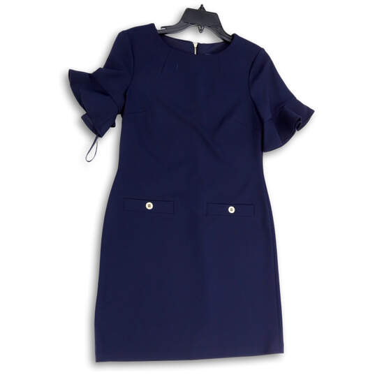 Womens Blue Round Neck Flutter Sleeve Back Zip Pencil Dress Size 6 image number 1