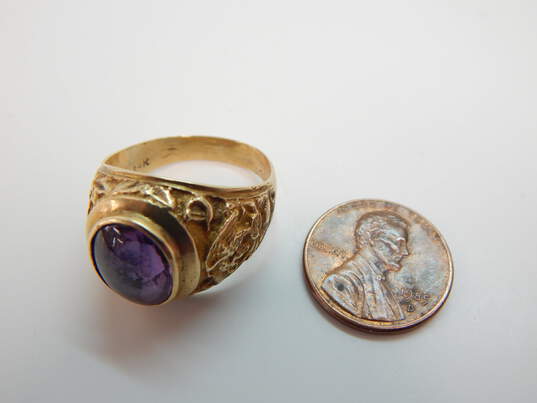 12K Gold Purple Sapphire Cabochon Etched Eagle & Animal Wide Band Ring 6.7g image number 2