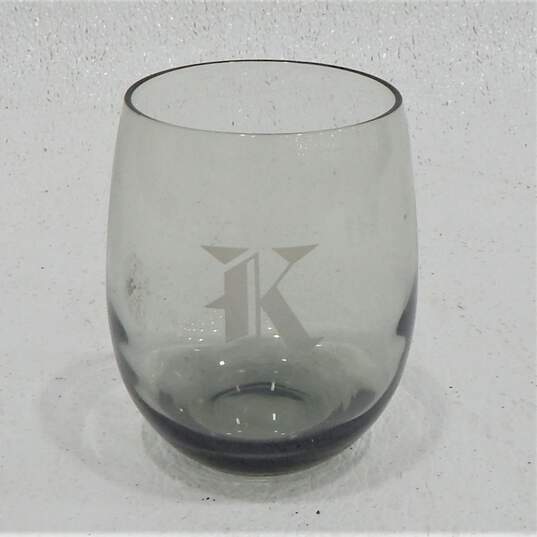 Vintage MCM Smoky Gray Glass Etched K Monogram Stemless Wine Glasses Set of 6 image number 2