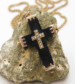 Vintage 10k Yellow Gold Faux Onyx Seed Pearl Cross Pendant Necklace 8.6g