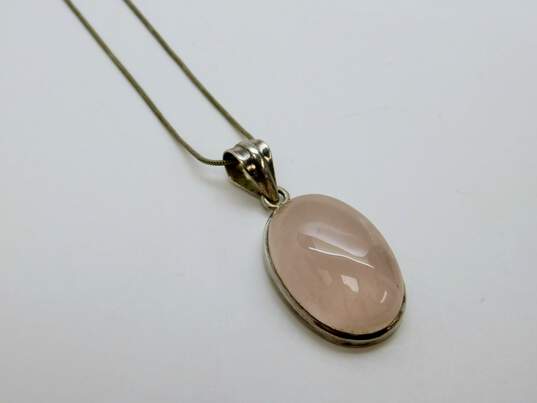 Ethereal 925 Rose Quartz Cabochon Oval Pendant Necklace Heart Peace Sign Drop Earrings & Faceted Amethyst Ring 26.5g image number 4