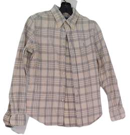 Womens Beige Plaid Long Sleeve Collared Button Up Shirt Size Small