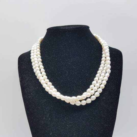 14k Gold 3 Strand Baroque FW Pearl Necklace 61.5g image number 1