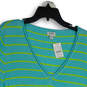 NWT Womens Green Blue Striped V-Neck Short Sleeve Knit T-Shirt Size XXL image number 3