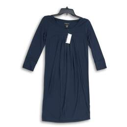 NWT Womens Navy Blue Pleated Round Neck Long Sleeve Pullover Shift Dress Size XS