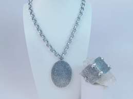 Vintage Silver Tone Flower & Scrolled Chunky Pendant Necklace & Panel Bracelet 100.9g