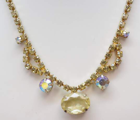 Vintage Icy Rhinestone & Aurora Borealis Rhinestone Gold Tone Necklace Bracelet & Clip On Earrings 42.2g image number 3