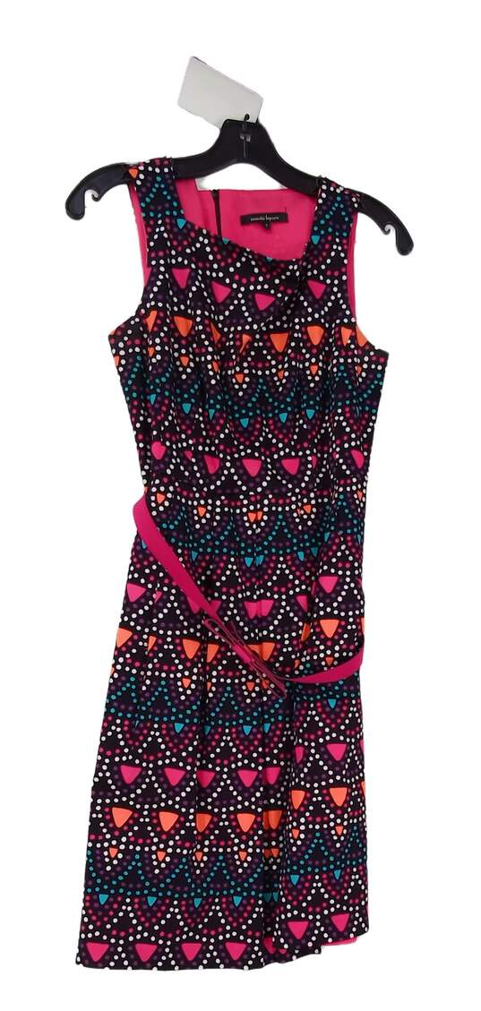 Women Multicolor Sleeveless Square Neck Belted Knee Length A Line Dress Size 8 image number 1