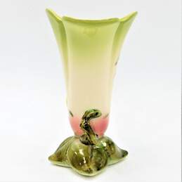 Vintage Hull Pottery Woodland Chartreuse Pink Handled Vase Glossy 8 Inch alternative image