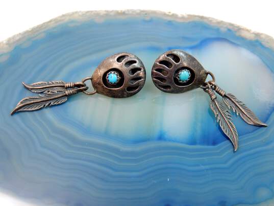 Southwestern Artisan 925 Silver Turquoise Bearpaw & Feather Earrings 4.4g image number 2