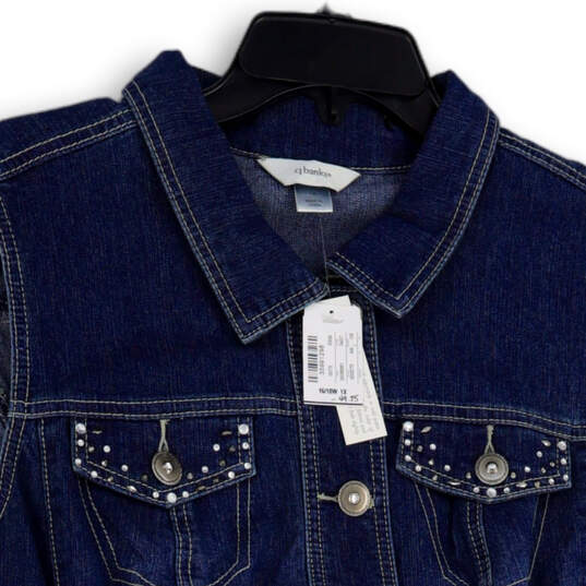 NWT Womens Blue Denim Sequin Pockets Collared Button Front Vest Size 1X image number 3