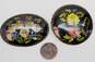 Vintage Black & Colorful Flowers Golden Accents Painted Circle & Oval Wood Brooches Variety 15.4g image number 2