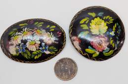 Vintage Black & Colorful Flowers Golden Accents Painted Circle & Oval Wood Brooches Variety 15.4g alternative image