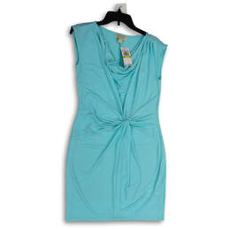NWT Womens Blue Sleeveless Drape Neck Knot Front Pullover Sheath Dress Sz M