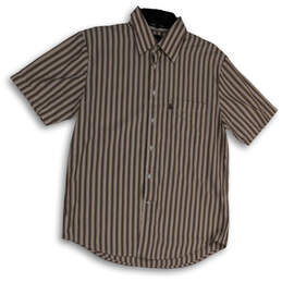 Mens Brown Striped Spread Collar Short Sleeve Button-Up Shirt Size Small
