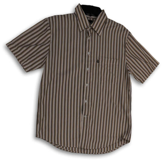 Mens Brown Striped Spread Collar Short Sleeve Button-Up Shirt Size Small image number 1