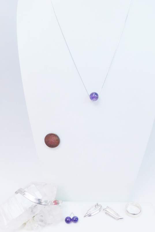 Artisan 925 Amethyst Ball Pendant Necklace Matching & Modernist Drop Post Earrings Herringbone Chain Bracelet & Wide Band Ring 23.5g image number 7