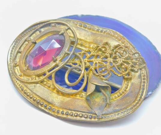 Antique Victorian Brass Purple Faceted Crystal Floral Brooch 26.7g image number 2