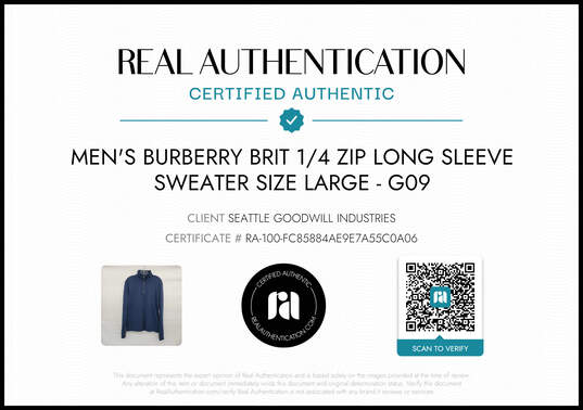 Burberry Brit Men's Blue 1/4 Zip Long Sleeve Sweater Size L - AUTHENTICATED image number 2