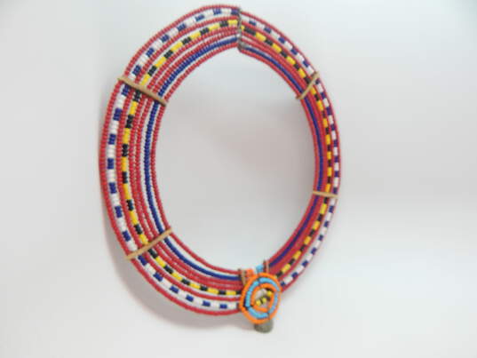 Artisan African Maasai Red Blue Yellow Black White Bead Small Collar Necklace image number 3