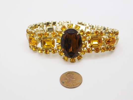 Vintage Gold Tone Amber Citrine Colored Icy Glass Rhinestone Bracelet 39.2g image number 5