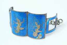 Vintage 925 Guilloche Blue Enamel Etched Dancers Wide Linked Panels Bracelet 53.7g alternative image