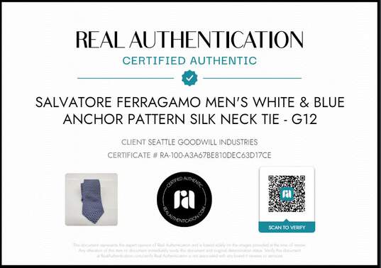 Salvatore Ferragamo White & Blue Anchor Pattern Silk Neck Tie AUTHENTICATED image number 5