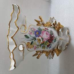 Ornate Portugal Hand Painted Gold Gilded 22K Porcelain Floral Vase Approx. 11.5 In.