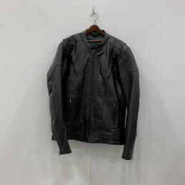 Mens Black Leather Long Sleeve Pocket Full-Zip Motorcycle Jacket Size LT