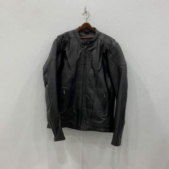 Mens Black Leather Long Sleeve Pocket Full-Zip Motorcycle Jacket Size LT image number 1