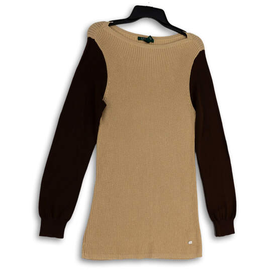 Womens Brown Beige Knitted Balloon Sleeve Pullover Sweater Dress Size XL image number 1