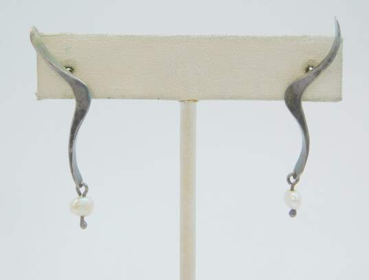Rustic 925 Hammered Wavy & Bar Pearl Bead Drop Post Earrings & Twisted Cuff Bracelet 12.3g image number 3