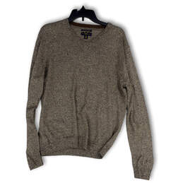 Mens Tan V-Neck Long Sleeve Tight-Knit Pullover Sweater Size Medium
